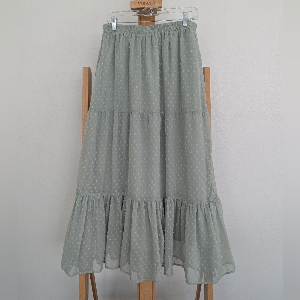 HAEOF Sea Green Swiss Dot Tiered Maxi Skirt